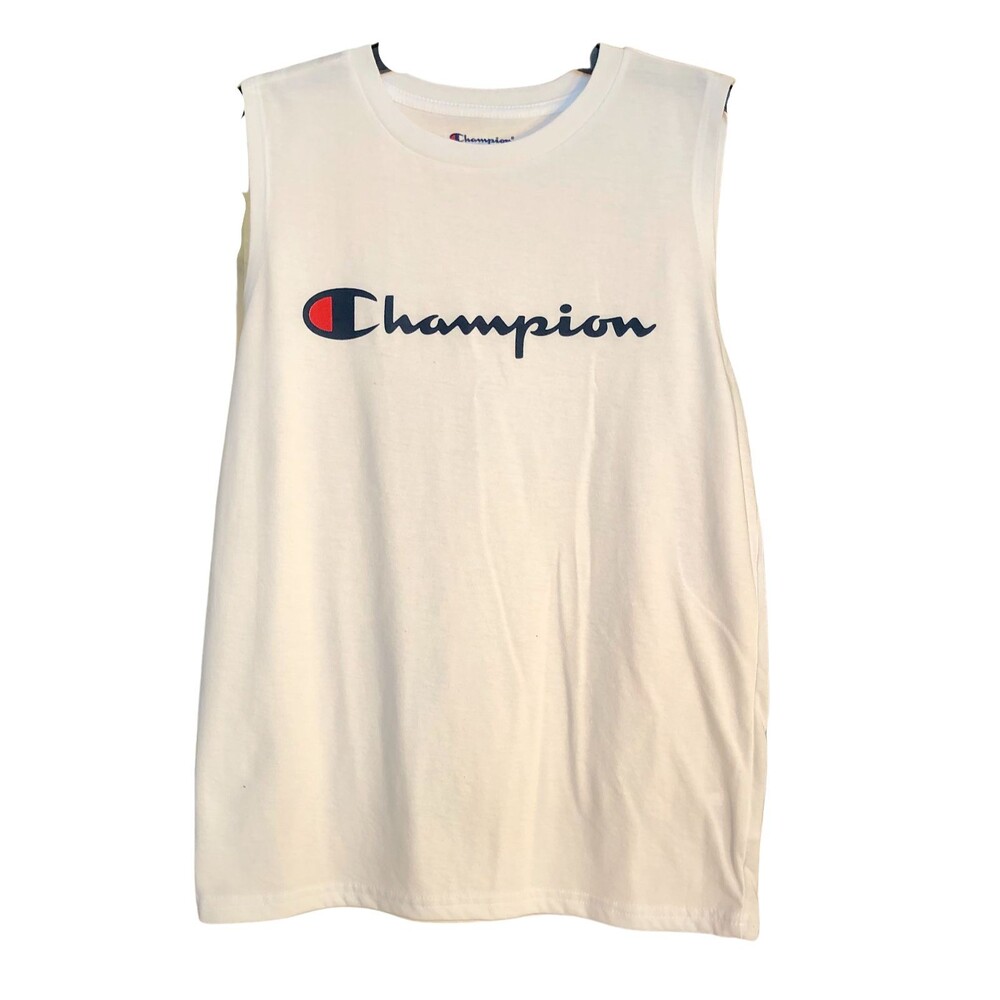 Champion Shirt Boys Large Crew Neck Muscle Tank Top T-Shirt - White - Logo